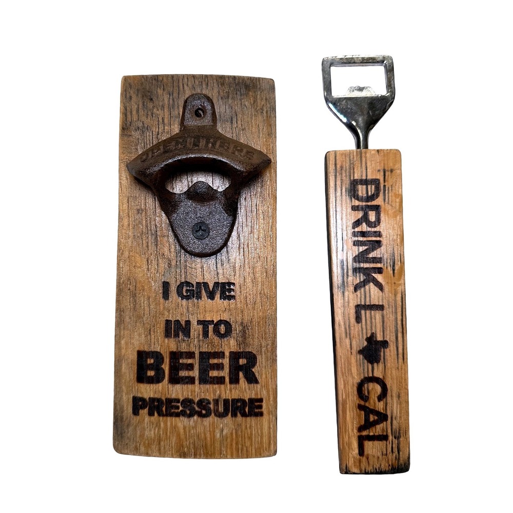 Rustic Wood Wall Mount Bottle Opener "I Give In To Beer Pressure" & Handheld Lot